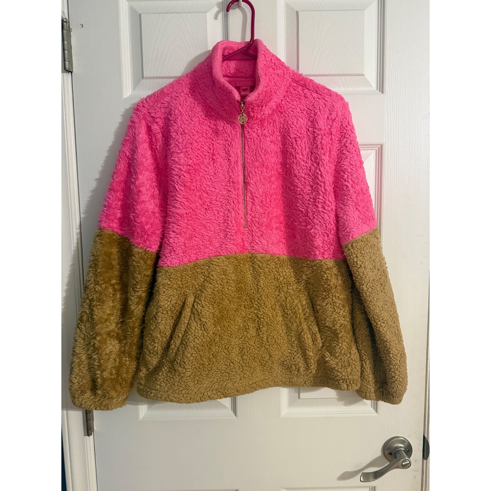 Lilly Pulitzer Pink Tan Sherpa Fleece Quarter Zip Pullover Size M